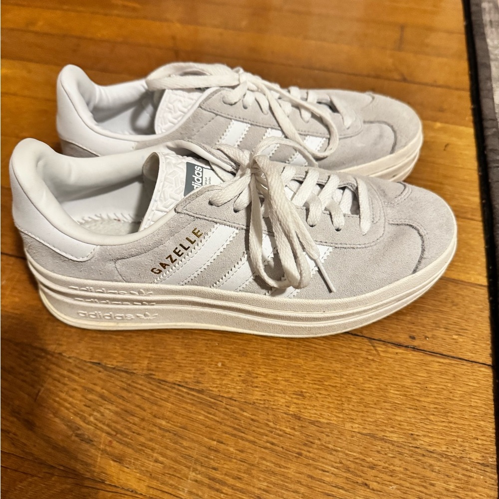 adidas Gazelle Women’s Cream Suede Platform Sneakers with White Stripes